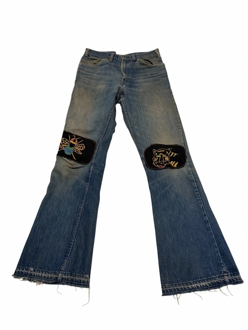 Levi's big E Blue Flare Jeans with Embroidered Knee Patches, pre-owned